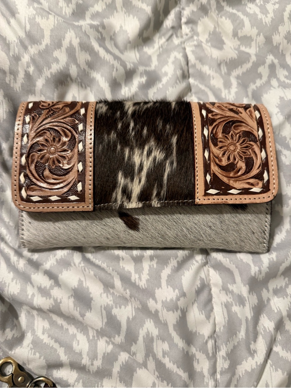 Handcrafted Western Haircalf Clutch Wallet in Brown, White & Tan